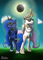 Size: 1024x1448 | Tagged: safe, artist:greenflyart, princess celestia, princess luna, alicorn, pony, g4, bipedal, cloud, crossed hooves, crown, deviantart watermark, duo, eclipse, ethereal mane, ethereal tail, female, hoof shoes, jewelry, mare, obtrusive watermark, regalia, royal sisters, siblings, simple background, sisters, smiling, solar eclipse, standing on two hooves, starry mane, starry tail, sunglasses, tail, transparent background, watermark