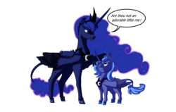 Size: 1024x652 | Tagged: safe, artist:valo-son, princess luna, pony, g4, curved horn, female, filly, horn, leonine tail, mare, older, self ponidox, woona, younger