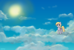 Size: 1000x667 | Tagged: safe, artist:empyu, derpy hooves, pegasus, pony, g4, 30 minute art challenge, :i, cloud, cute, derpabetes, female, hooves, looking at you, mare, on a cloud, sky, solo, standing on a cloud, sun, wings