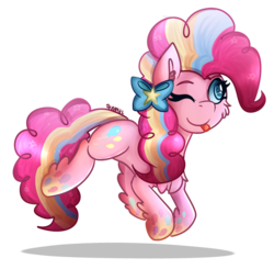 Size: 1035x1015 | Tagged: safe, artist:deraniel, pinkie pie, pony, g4, cute, female, jumping, one eye closed, rainbow power, simple background, solo, tongue out, transparent background, wink