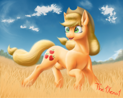 Size: 1500x1200 | Tagged: safe, artist:the1xeno1, applejack, earth pony, pony, g4, blue sky, cloud, cowboy hat, cutie mark, female, field, hat, mare, scenery, signature, smiling, solo, stetson, trotting