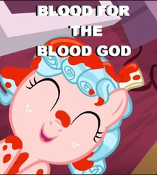 Size: 531x589 | Tagged: safe, edit, edited screencap, screencap, cozy glow, pony, g4, marks for effort, blood for the blood god, chaos, cozybetes, cropped, cute, eyes closed, female, filly, funny, funny as hell, image macro, implied blood, khorne, meme, paint, smiling, solo, text, warhammer (game), warhammer 40k
