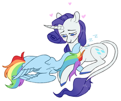 Size: 972x808 | Tagged: safe, artist:jellybeanbullet, rainbow dash, rarity, pegasus, pony, unicorn, g4, blushing, female, heart, lesbian, mare, ship:raridash, shipping, simple background, sleeping, smiling, white background