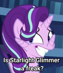 Size: 1258x1440 | Tagged: safe, edit, edited screencap, screencap, starlight glimmer, pony, unicorn, g4, the crystalling, cropped, freak, horn, meme, multiple horns, nervous, question, silly, sweat, teeth, text, wat