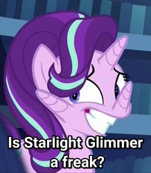 Size: 1258x1440 | Tagged: safe, edit, edited screencap, screencap, starlight glimmer, pony, unicorn, g4, my little pony: friendship is magic, the crystalling, cropped, freak, horn, meme, multiple horns, nervous, question, silly, sweat, teeth, text, wat