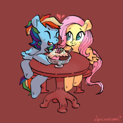 Size: 1280x1280 | Tagged: safe, artist:alpacawesome, fluttershy, rainbow dash, pegasus, pony, g4, blushing, brown background, date, female, floating heart, food, heart, ice cream, lesbian, mare, ship:flutterdash, shipping, simple background