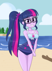 Size: 1813x2461 | Tagged: safe, artist:iyoungsavage, sci-twi, twilight sparkle, equestria girls, equestria girls specials, g4, my little pony equestria girls: better together, my little pony equestria girls: forgotten friendship, attached skirt, beach, clothes, female, glasses, looking at you, ocean, one-piece swimsuit, ponytail, sand, skirt, smiling, solo, swimsuit