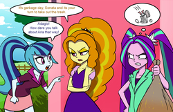 Size: 1654x1070 | Tagged: safe, artist:doublewbrothers, adagio dazzle, aria blaze, sonata dusk, equestria girls, g4, angry, bait and switch, clothes, commission, dialogue, dress, female, garbage day, parody, sailor mouth, sisters, skirt, spongebob squarepants, the dazzlings, this will end in tears, this will not end well, trash, trash bag, trio, trio female