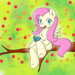 Size: 1024x1025 | Tagged: safe, artist:roxenmaratoun, fluttershy, butterfly, pony, semi-anthro, g4, anatomically incorrect, chest fluff, deviantart watermark, female, incorrect leg anatomy, obtrusive watermark, sitting, solo, tree branch, watermark