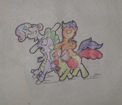 Size: 780x676 | Tagged: safe, artist:hillbe, apple bloom, scootaloo, spike, sweetie belle, g4, cutie mark crusaders, pushing, rump push, traditional art