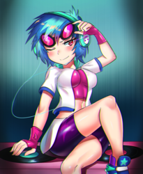 Size: 800x974 | Tagged: safe, artist:tzc, dj pon-3, vinyl scratch, human, g4, blushing, breasts, busty vinyl scratch, chromatic aberration, clothes, cute, female, fingerless gloves, gloves, headphones, human coloration, humanized, light skin, looking at you, one eye closed, shoes, smiling, sneakers, solo, sunglasses, vinylbetes, wink