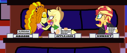 Size: 4032x1682 | Tagged: safe, artist:bigpurplemuppet99, adagio dazzle, applejack, sunset shimmer, equestria girls, g4, blushing, dazzlejack, female, kissing, lesbian, match game (game show), ship:sunsagio, shipping