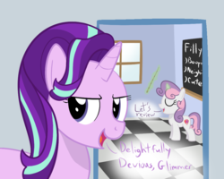 Size: 1000x800 | Tagged: safe, artist:mightyshockwave, starlight glimmer, sweetie belle, pony, unicorn, g4, marks for effort, chalkboard, classroom, duo, female, filly, friendship academy, male, simpsons did it, steamed hams, teaching, the simpsons