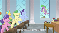 Size: 2880x1610 | Tagged: safe, edit, edited screencap, screencap, berry blend, berry bliss, citrine spark, huckleberry, peppermint goldylinks, spike, dragon, earth pony, pegasus, pony, unicorn, g4, marks for effort, classroom, dead poets society, desk, eyes closed, female, flying, friendship student, hoof on chest, male, mare, oh captain my captain, oh dragon my dragon, salute, stallion, students, teaching, winged spike, wings