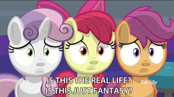 Size: 2880x1610 | Tagged: safe, edit, edited screencap, screencap, apple bloom, scootaloo, sweetie belle, earth pony, pegasus, pony, unicorn, g4, marks for effort, bohemian rhapsody, cutie mark crusaders, female, filly, meme, queen (band), song in the comments, song reference