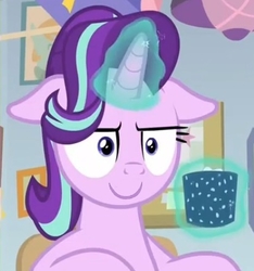 Size: 1002x1070 | Tagged: safe, edit, edited screencap, screencap, starlight glimmer, pony, unicorn, g4, marks for effort, my little pony: friendship is magic, cropped, cup, female, floppy ears, glowing horn, happy, horn, i mean i see, inverted mouth, magic, mare, smiling, solo, telekinesis