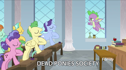 Size: 2880x1610 | Tagged: safe, edit, edited screencap, screencap, berry blend, berry bliss, citrine spark, fire quacker, huckleberry, november rain, peppermint goldylinks, spike, dragon, earth pony, pegasus, pony, unicorn, g4, marks for effort, classroom, dead poets society, desk, eyes closed, female, flying, friendship student, hoof on chest, male, mare, oh captain my captain, oh dragon my dragon, salute, stallion, students, teaching, walt whitman, winged spike, wings