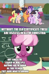 Size: 455x681 | Tagged: safe, edit, edited screencap, screencap, apple bloom, cheerilee, cozy glow, scootaloo, starlight glimmer, sweetie belle, earth pony, pony, g4, marks for effort, female, filly, graduation, graduation cap, image macro, mare, meme