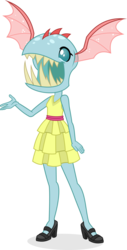 Size: 3426x6765 | Tagged: safe, artist:punzil504, ocellus, biteacuda, fish, equestria girls, g4, non-compete clause, clothes, dress, equestria girls-ified, female, fusion, high heels, maybe salmon, not salmon, open mouth, shoes, simple background, smiling, solo, transparent background, wat, waving, what has magic done