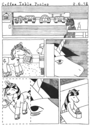 Size: 1090x1542 | Tagged: safe, artist:thrashman, twilight sparkle, g4, car, comic, comic strip, dialogue, monochrome, roller skates