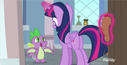 Size: 1377x707 | Tagged: safe, screencap, spike, twilight sparkle, alicorn, dragon, pony, g4, marks for effort, butt, cute, duo, female, glowing horn, horn, innocent, magic, male, mare, open mouth, plot, spikabetes, spread wings, telekinesis, twilight sparkle (alicorn), winged spike, wings