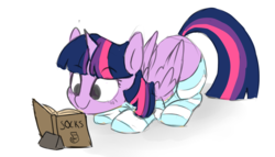 Size: 2269x1297 | Tagged: safe, artist:pucksterv, twilight sparkle, alicorn, pony, adorkable, book, clothes, crouching, cute, dork, female, mare, reading, simple background, smiling, socks, solo, striped socks, that pony sure does love books, twiabetes, twilight sparkle (alicorn), white background