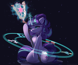 Size: 1576x1324 | Tagged: safe, artist:togeticisa, starlight glimmer, pony, unicorn, bad end, black background, curved horn, female, glowing horn, implied mane six, magic, mare, s5 starlight, simple background, solo, staff, staff of sameness, the bad guy wins, this will end in communism