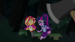 Size: 1280x720 | Tagged: safe, screencap, sci-twi, sunset shimmer, twilight sparkle, equestria girls, g4, my little pony equestria girls: legend of everfree, axe, implied timber spruce, offscreen character, out of context, weapon