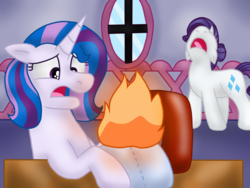 Size: 1024x768 | Tagged: safe, artist:kindheart525, artist:rock-mint-swirl, rarity, oc, oc:radiant jewel, pony, unicorn, kindverse, g4, collaboration, digital art, female, fire, mother and daughter, next generation, nose in the air, offspring, parent:fancypants, parent:rarity, parents:raripants, sewing, story in the source, story included