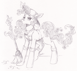 Size: 2481x2284 | Tagged: safe, artist:faline-art, princess luna, alicorn, pony, black and white, broom, female, glowing horn, grayscale, looking at you, magic, mare, monochrome, solo, sweeping, telekinesis, traditional art