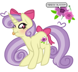 Size: 866x808 | Tagged: safe, artist:chococakebabe, oc, oc only, oc:meadow blossom, pony, unicorn, bow, female, hair bow, mare, simple background, solo, tail bow, tongue out, transparent background
