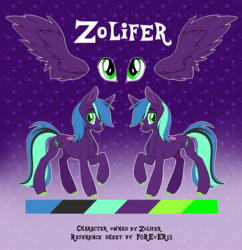 Size: 2900x3000 | Tagged: safe, artist:moonhoek, oc, oc only, oc:zolifer, pegasus, pony, rcf community, commission, green eyes, high res, male, purple background, reference sheet, solo, spread wings, stallion, stars, wings, ych example, ych result