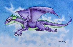 Size: 2048x1312 | Tagged: safe, artist:baron engel, spike, dragon, g4, demo, flying, goggles, male, solo, traditional art, winged spike, wings