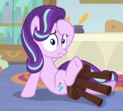 Size: 390x351 | Tagged: safe, screencap, starlight glimmer, pony, unicorn, g4, marks for effort, cropped, female, it's not what it looks like, not what it looks like, out of context, solo, stool, surprised