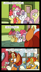 Size: 1782x3092 | Tagged: safe, artist:bobthedalek, apple bloom, fluttershy, pinkie pie, scootaloo, stellar flare, sunburst, sweetie belle, earth pony, pegasus, pony, unicorn, g4, marks for effort, the parent map, bow, comic, cup, cutie mark crusaders, dialogue, female, filly, hair bow, magic, male, mare, open mouth, stallion, teacup, that pony sure does love plans