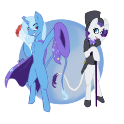 Size: 3024x3024 | Tagged: safe, artist:radioactive nero, rarity, trixie, pony, unicorn, g4, alternate universe, bipedal, bowtie, cane, cape, clothes, flower, hat, high res, leonine tail, no pupils, shoes, simple background, smiling, story in the source, suit, top hat, transparent background, trixie's hat, underhoof