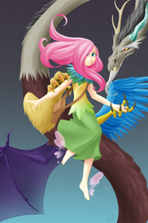 Size: 1139x1719 | Tagged: safe, artist:didj, discord, fluttershy, draconequus, human, my little mages, g4, artificial wings, augmented, bag, barefoot, butterfly wings, clothes, dress, feet, female, fluffy, flying, gradient background, gritted teeth, hair over one eye, holding hands, humanized, lidded eyes, long skirt, magic, magic wings, male, purse, satchel, skirt, smiling, smirk, spread wings, wide eyes, wings