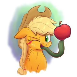 Size: 1600x1600 | Tagged: safe, artist:heir-of-rick, applejack, earth pony, monster pony, original species, pony, tatzlpony, daily apple pony, abstract background, apple, bust, chest fluff, female, food, hidden cane, mare, one eye closed, portrait, smiling, solo, species swap, tatzljack, tongue out, wink