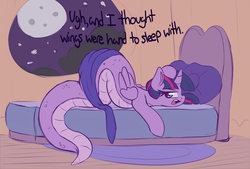 Size: 3000x2025 | Tagged: safe, artist:graphene, twilight sparkle, alicorn, lamia, original species, pony, g4, bed, curved horn, female, golden oaks library, high res, horn, lamiafied, moon, night, solo, species swap, twilamia, twilight snakle, twilight sparkle (alicorn), window, wings