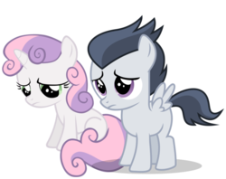 Size: 1168x923 | Tagged: safe, artist:jawsandgumballfan24, rumble, sweetie belle, pegasus, pony, unicorn, g4, colt, comforting, cute, diasweetes, female, filly, male, rumblebetes, sad, ship:rumbelle, shipping, simple background, spread wings, straight, transparent background, vector, wings