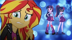 Size: 2048x1148 | Tagged: dead source, safe, artist:php77, editor:php77, sci-twi, sunset shimmer, twilight sparkle, alicorn, equestria girls, g4, my little pony equestria girls: better together, clothes, comparison, female, geode of telekinesis, glasses, skirt, trio, trio female, twilight sparkle (alicorn), wallpaper