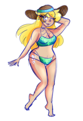 Size: 2776x4032 | Tagged: safe, artist:cubbybatdoodles, derpy hooves, human, g4, bikini, clothes, colored sketch, cutie mark on human, female, hat, humanized, one eye closed, simple background, sketch, solo, sun hat, swimsuit, transparent background