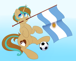 Size: 1500x1200 | Tagged: safe, artist:floretle, oc, oc only, oc:demi, pony, unicorn, argentina, flag, football, futbol, gradient background, male, solo, sports, world cup, ych result