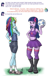 Size: 800x1243 | Tagged: safe, artist:vyazinrei, rainbow dash, twilight sparkle, equestria girls, g4, belly button, boots, clothes, compression shorts, dialogue, duo, duo female, female, football, hoof boots, midriff, miniskirt, shoes, shorts, skirt, sneakers, socks, sports, sports bra, sports shorts, stockings, thigh highs, zettai ryouiki