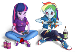 Size: 1400x974 | Tagged: safe, artist:vyazinrei, rainbow dash, twilight sparkle, equestria girls, equestria girls series, g4, clothes, controller, converse, gaming, geode of super speed, magical geodes, shoes, simple background, sneakers, soda, transparent background