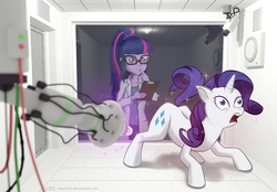 Size: 1200x833 | Tagged: safe, artist:vyazinrei, rarity, sci-twi, twilight sparkle, pony, unicorn, equestria girls, g4, camera, clipboard, clothes, duo, female, glasses, human to pony, implied transformation, lab coat, mare, ponytail, post-transformation, science, transformation, transformed