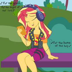 Size: 1500x1500 | Tagged: safe, artist:scraggleman, sunset shimmer, equestria girls, equestria girls series, g4, bush, christian sunset shimmer, christianity, debate in the comments, eyes closed, female, headphones, heavy metal, lyrics, metal, phone, religious headcanon, religious music, sabaton, singing, sitting, solo, song in the description, song reference, text, the last stand, tree