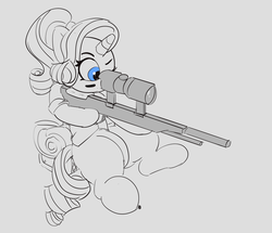Size: 2796x2402 | Tagged: safe, artist:pabbley, rarity, pony, unicorn, g4, camper, camping, female, gun, high res, hooves, horn, mare, monochrome, one eye closed, optical sight, partial color, rifle, signature, simple background, sitting, sniper rifle, solo, weapon