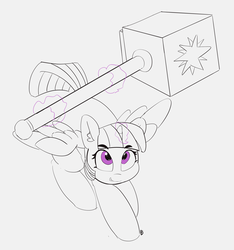 Size: 4282x4577 | Tagged: safe, artist:pabbley, twilight sparkle, alicorn, pony, g4, absurd resolution, female, glowing horn, hammer, horn, magic, mare, monochrome, partial color, signature, simple background, solo, telekinesis, twilight sparkle (alicorn), war hammer, weapon