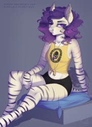 Size: 1556x2150 | Tagged: safe, artist:evehly, oc, oc only, oc:nikki, hybrid, zony, anthro, unguligrade anthro, anthro oc, clothes, female, front knot midriff, jewelry, mare, midriff, necklace, pillow, shorts, tank top